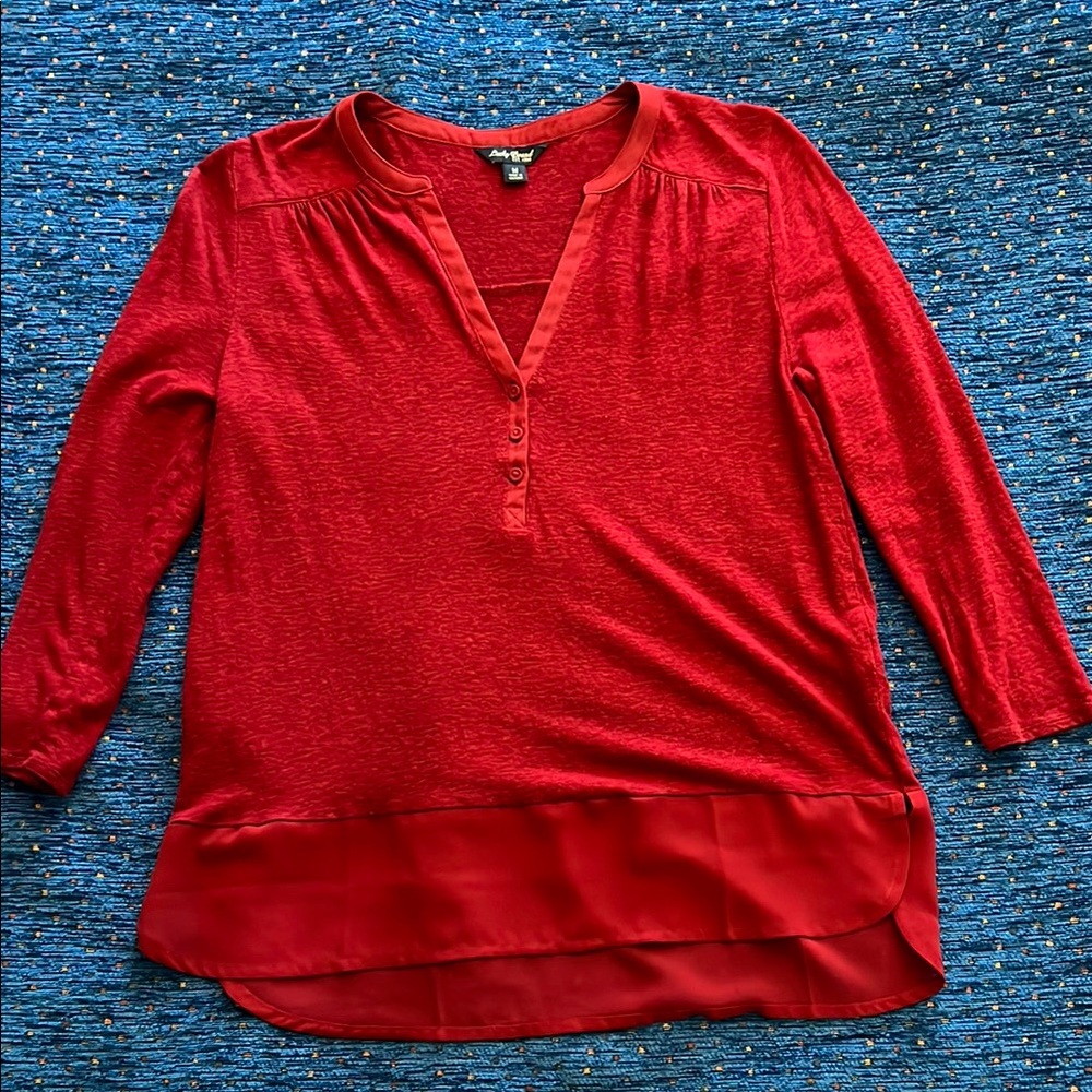 Lucky Brand linen blend maroon 3/4 Sleeve, Mandarin Collar Blouse